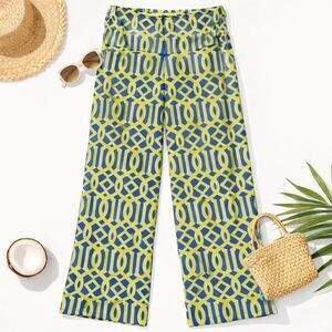 MudPie Geometric Wide Leg Pants Ruched Waist Blue Green Women Medium Summer Reso